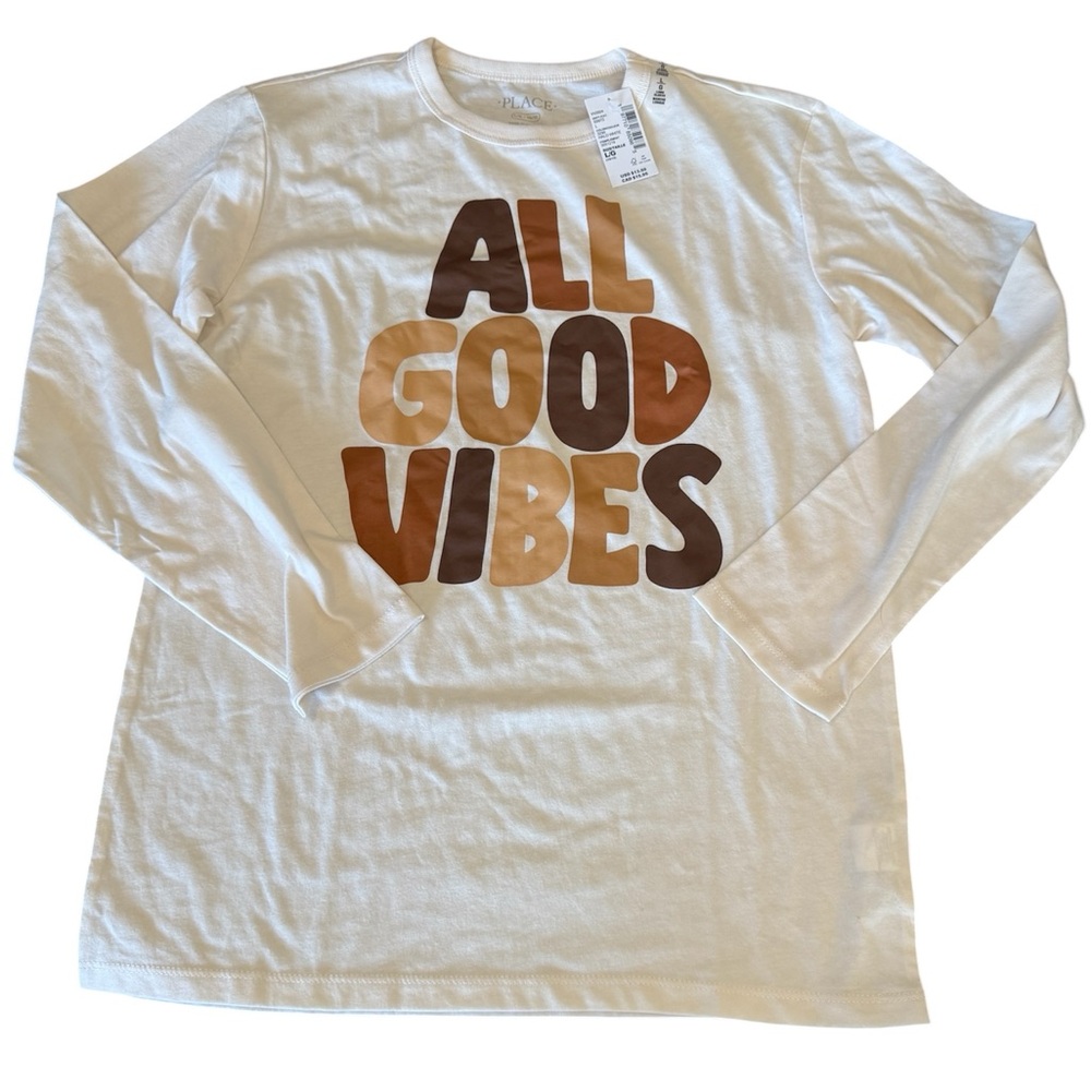 White Long Sleeve Tee with 'All Good Vibes' Print unisex sz 10/12 - Picture 2 of 4